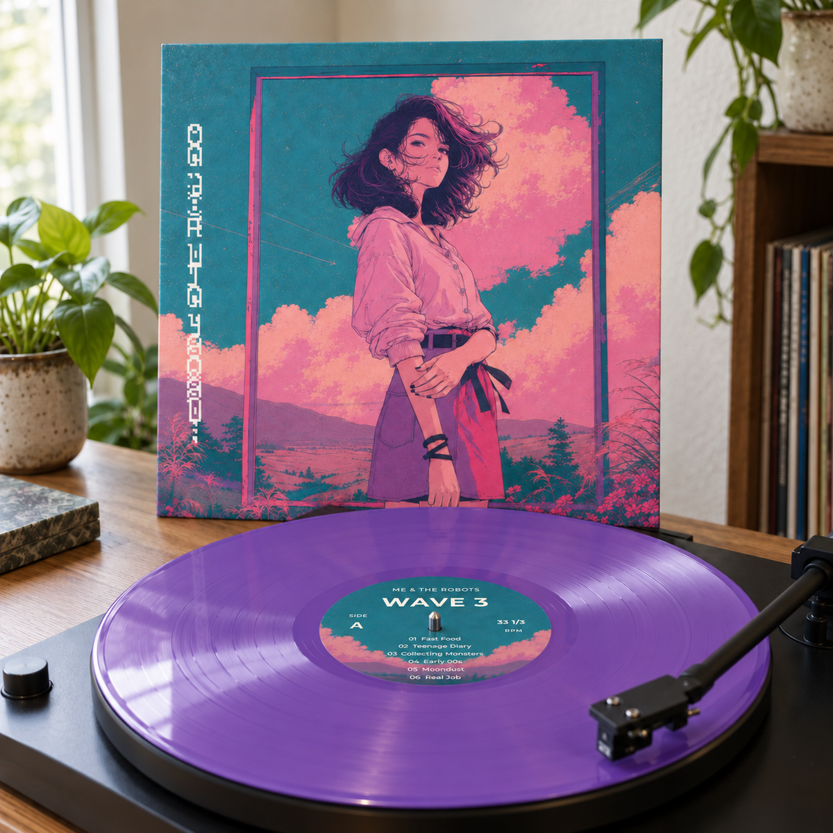 Proposed Wave 3 purple vinyl record on a turntable beside the illustrated sleeve, with its new teal and pink landscape side A label in a softly lit listening room; product mockup