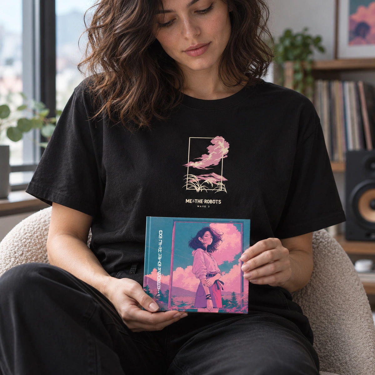 Wave 3 CD digipak held by a model wearing the Skyline T-shirt — lifestyle mock-up