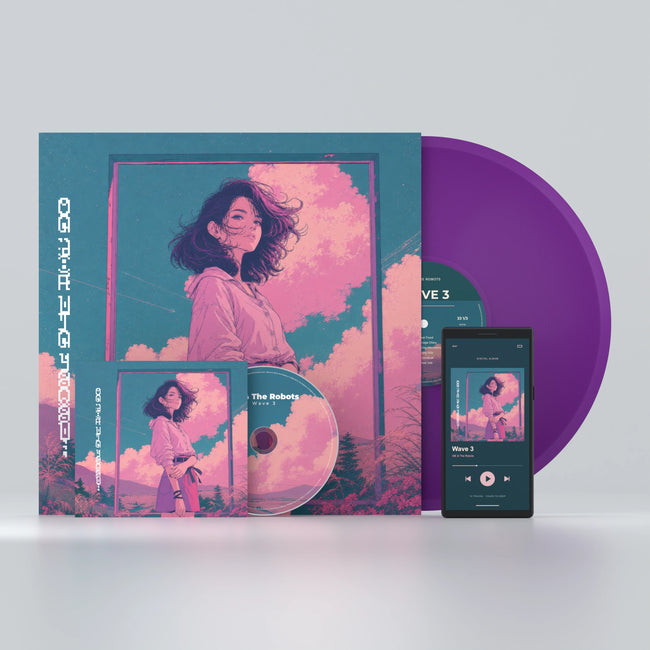 Wave 3 — Vinyl, CD and digital album on a phone on a pale silver-white studio surface — product mock-up