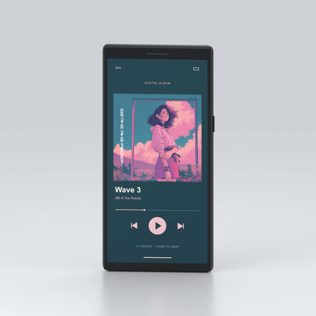 Wave 3 digital album on a phone — illustrative player on pale silver-white — mock-up