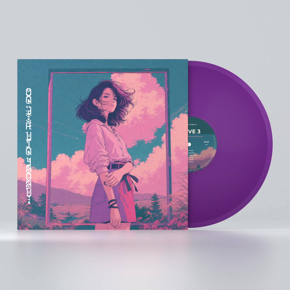 Wave 3 — Purple vinyl and sleeve on a pale silver-white studio surface — product mock-up