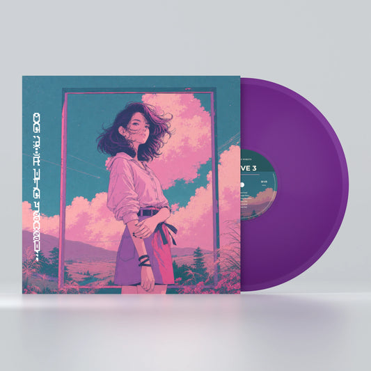 Wave 3 — Purple vinyl and sleeve on a pale silver-white studio surface — product mock-up