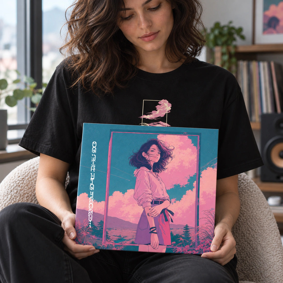 Wave 3 vinyl held by the same window-side model as the CD — companion lifestyle mock-up